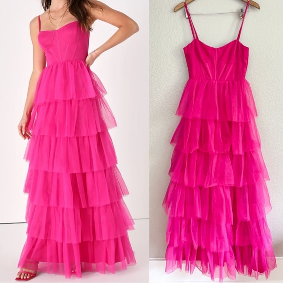 Lulu’s Rule the Runway Hot Pink BarbieCore Tulle Bustier Tiered MaxiDress NWOT M - Picture 2 of 15
